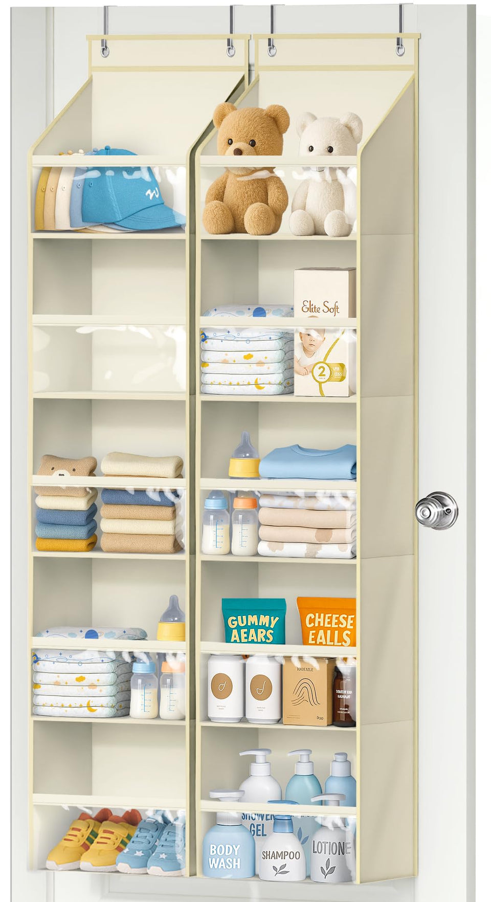 AOODA over-the-door organizer with five shelves for nursery storage.