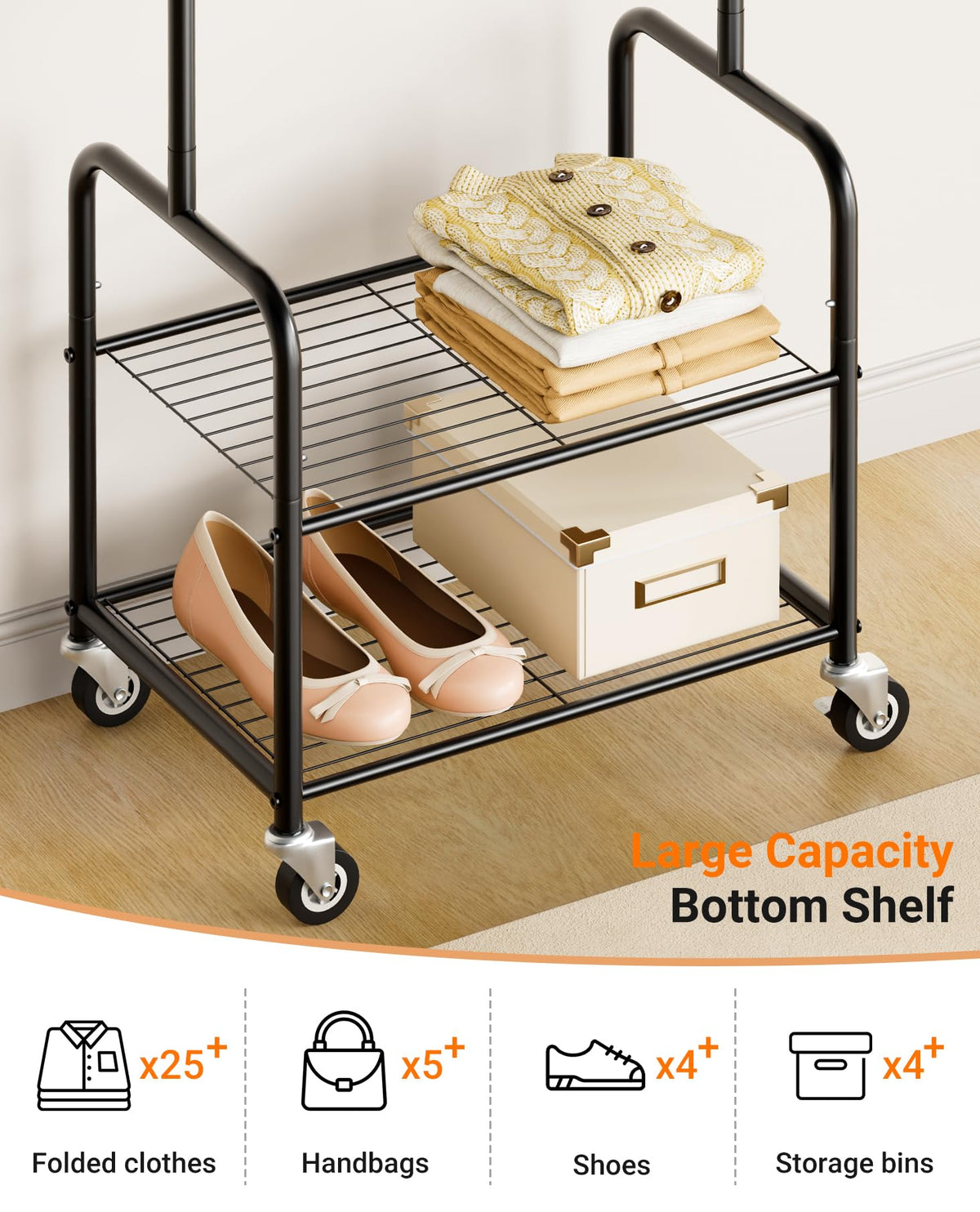 AOODA rack bottom shelves, shoe storage capacity demonstrated