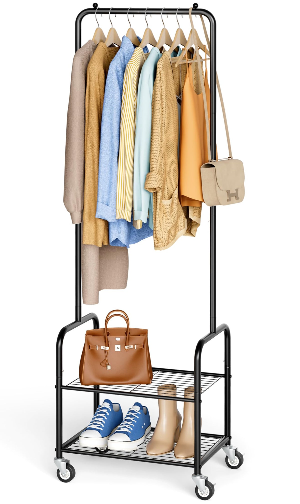 AOODA small clothes rack with shelves, front view, space-saving design for apartments