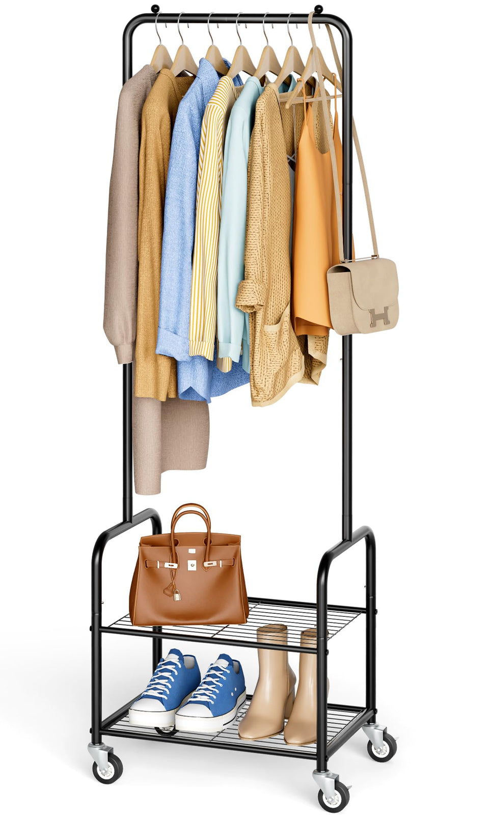 AOODA small clothes rack with shelves, front view, space-saving design for apartments