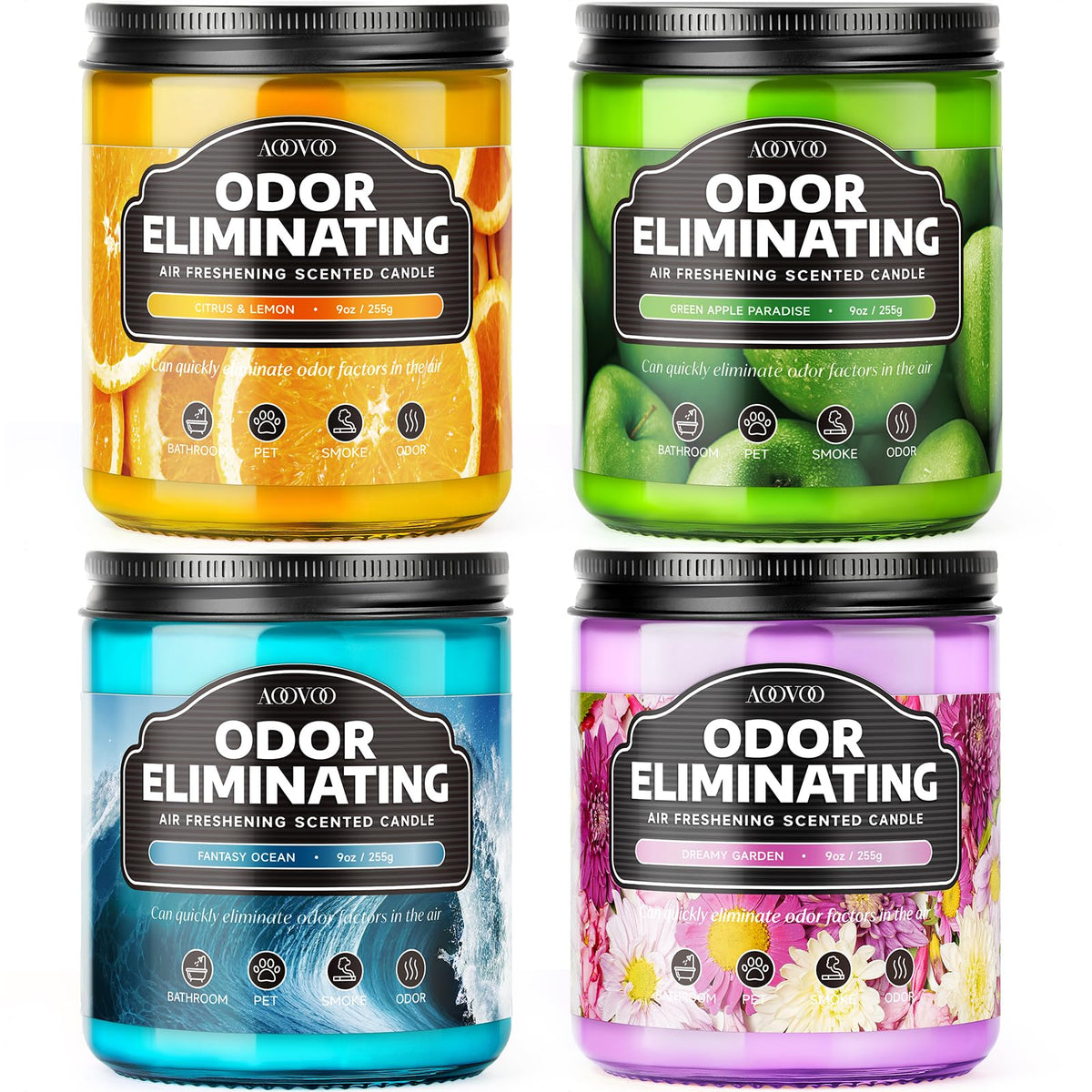AOOVOO 4-pack odor eliminating candles refreshing a living room with scent.