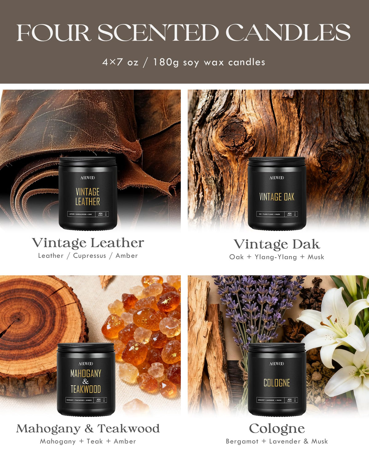 AOOVOO Mahogany Teakwood candle close-up with bold, sophisticated scent.