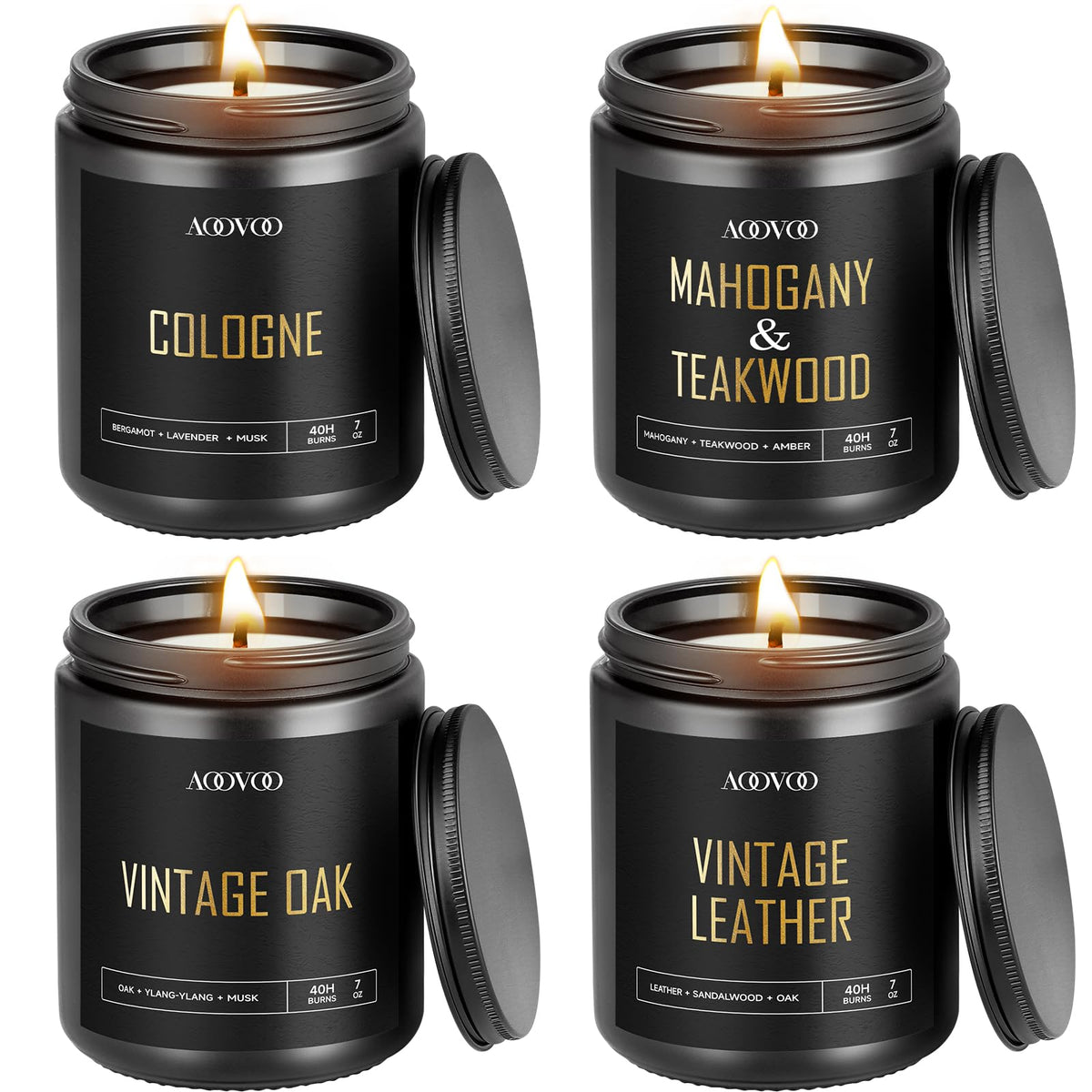 AOOVOO men's candle set in black jars with gold embossing for refined ambiance.
