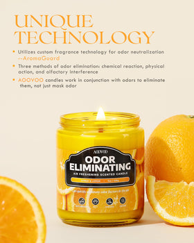 AOOVOO candle lit with odor elimination in action and bright citrus aroma.