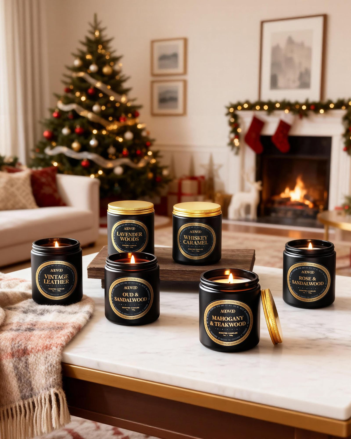 AOOVOO sandalwood oud candle fills living room with rich aroma.