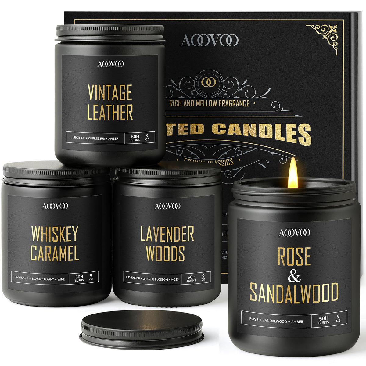 AOOVOO scented candle rose sandalwood jar for a calming masculine ambiance.