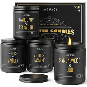 AOOVOO scented candle set in black jars with gold embossing for a masculine ambiance