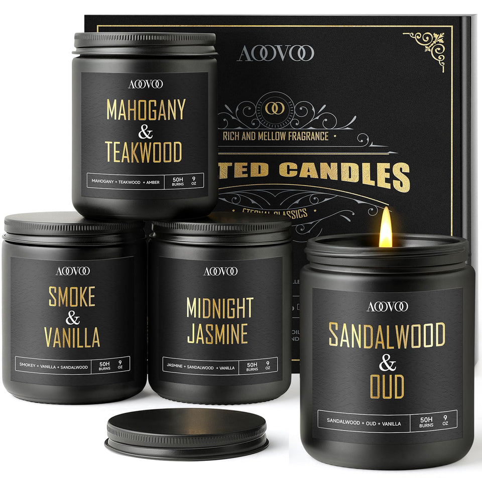AOOVOO scented candle set in black jars with gold embossing for a masculine ambiance