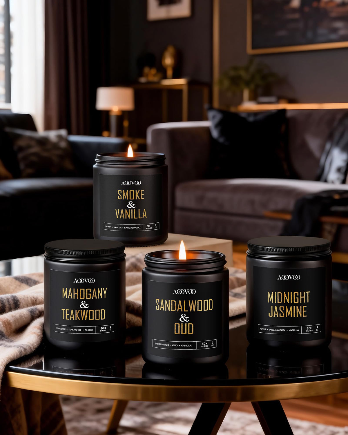 Sandalwood Oud candle from AOOVOO set with warm, woody aroma