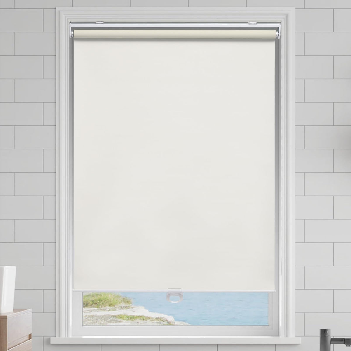 AOSKY blackout blind Ivory rolled up for a neat view.