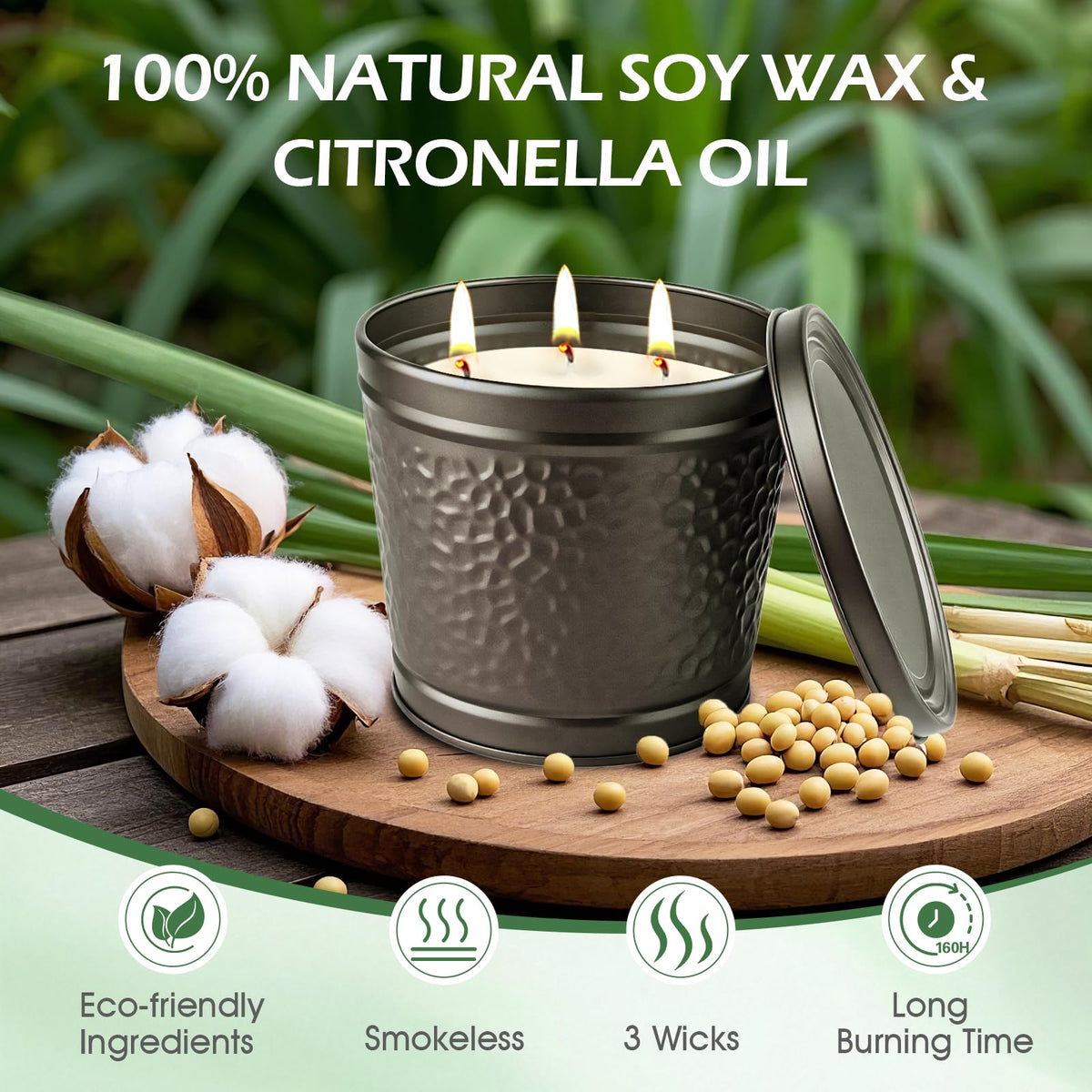 Aottom three-wick large citronella candle provides long burn for outdoor evenings.