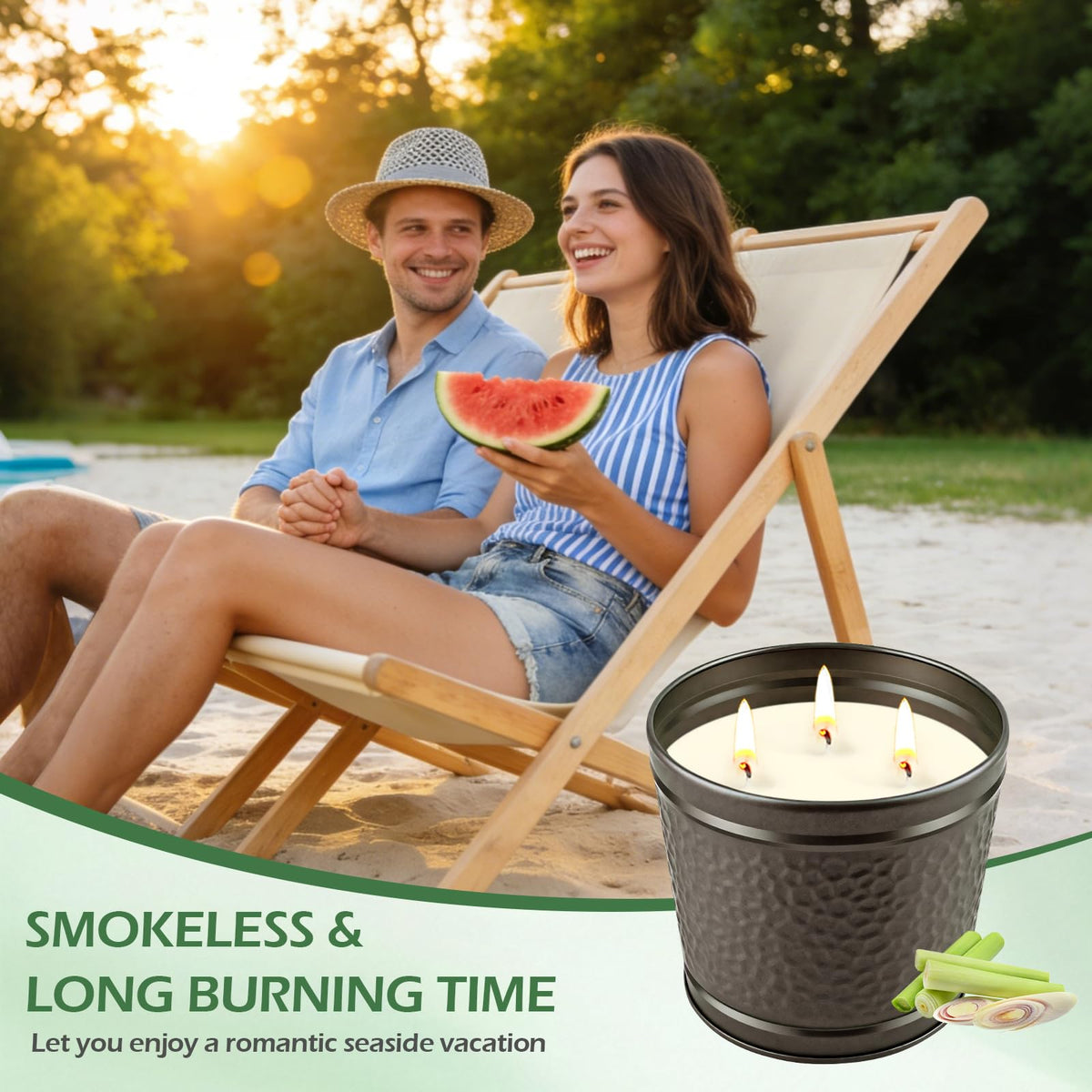 Aottom citronella candle suited for backyard and balcony gatherings, indoors or outdoors.