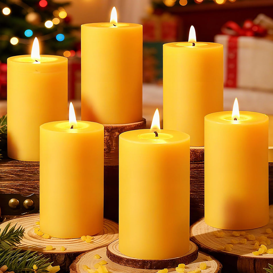 Aottom natural beeswax pillars 6-pack on display for a clean, long-lasting ambience.