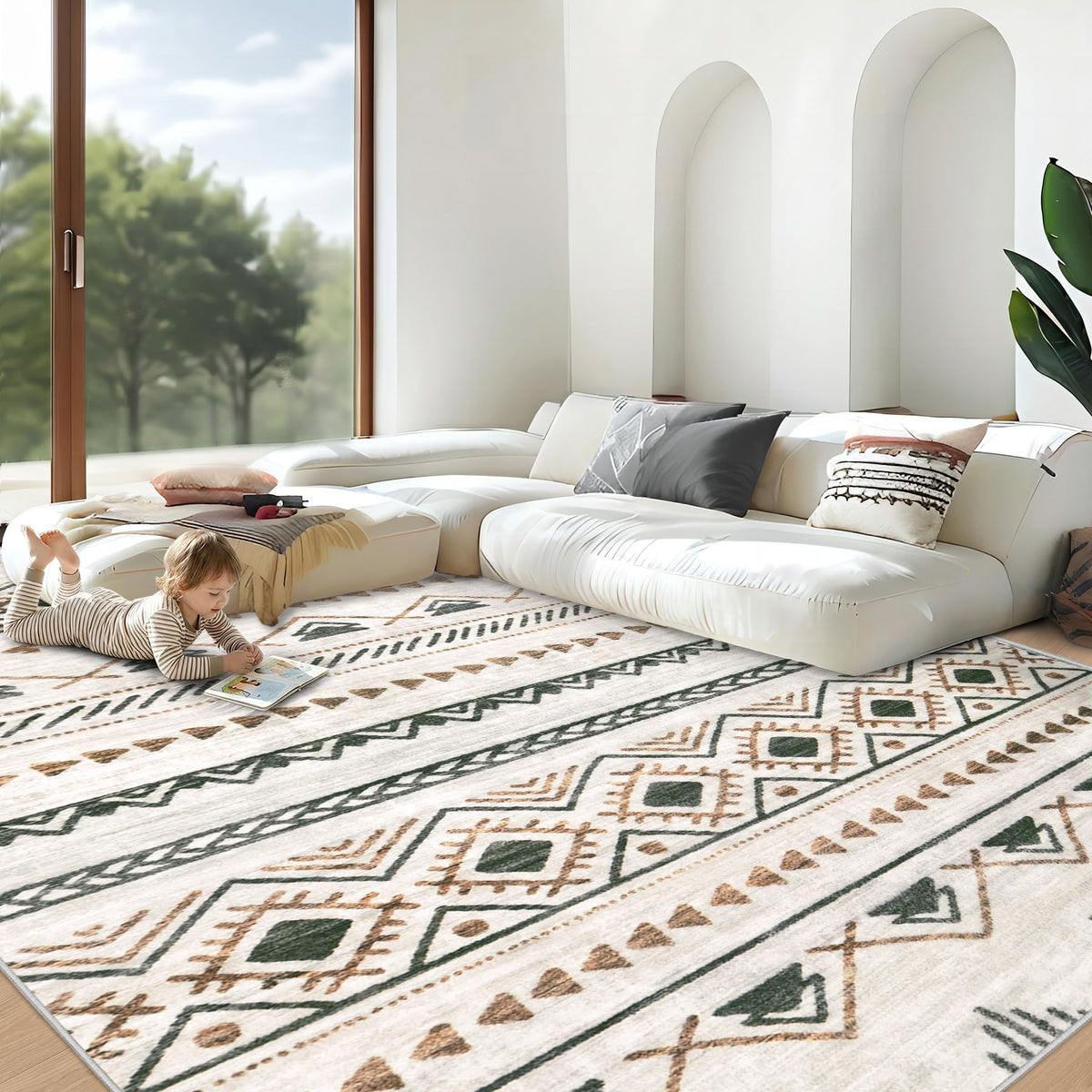 Aoyaomi area rug 8x10 with soft boho geometric pattern, adding cozy style and warmth underfoot.