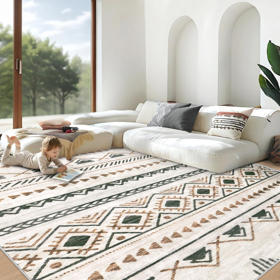 Aoyaomi area rug 8x10 with soft boho geometric pattern, adding cozy style and warmth underfoot.