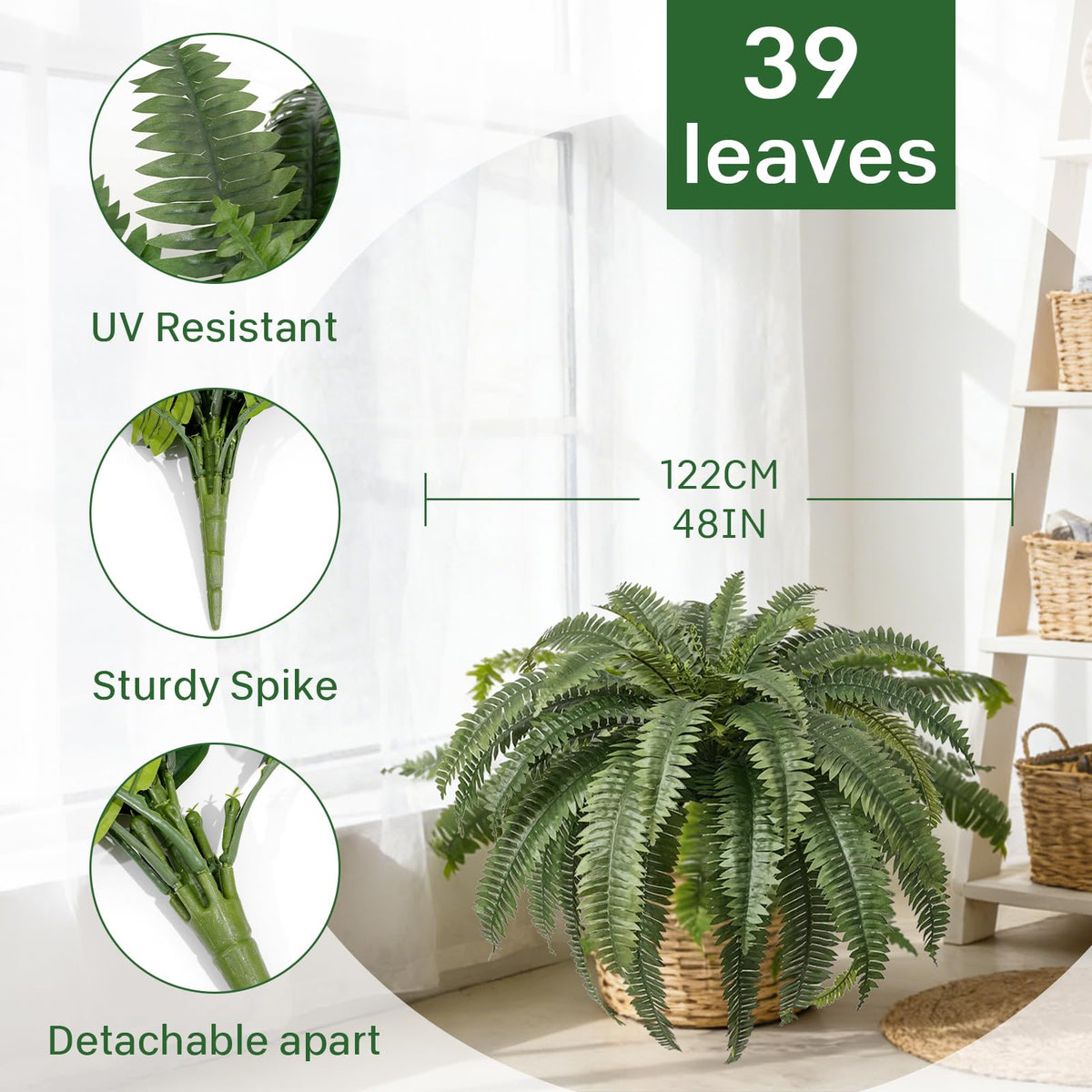 Apeair Boston fern 39 fronds detail adds lush realism for porch.