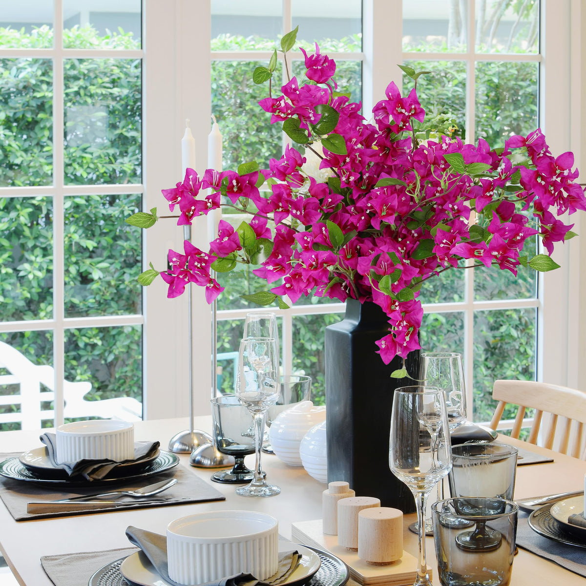 Apeair bougainvillea dining-room display adds color without daily upkeep.