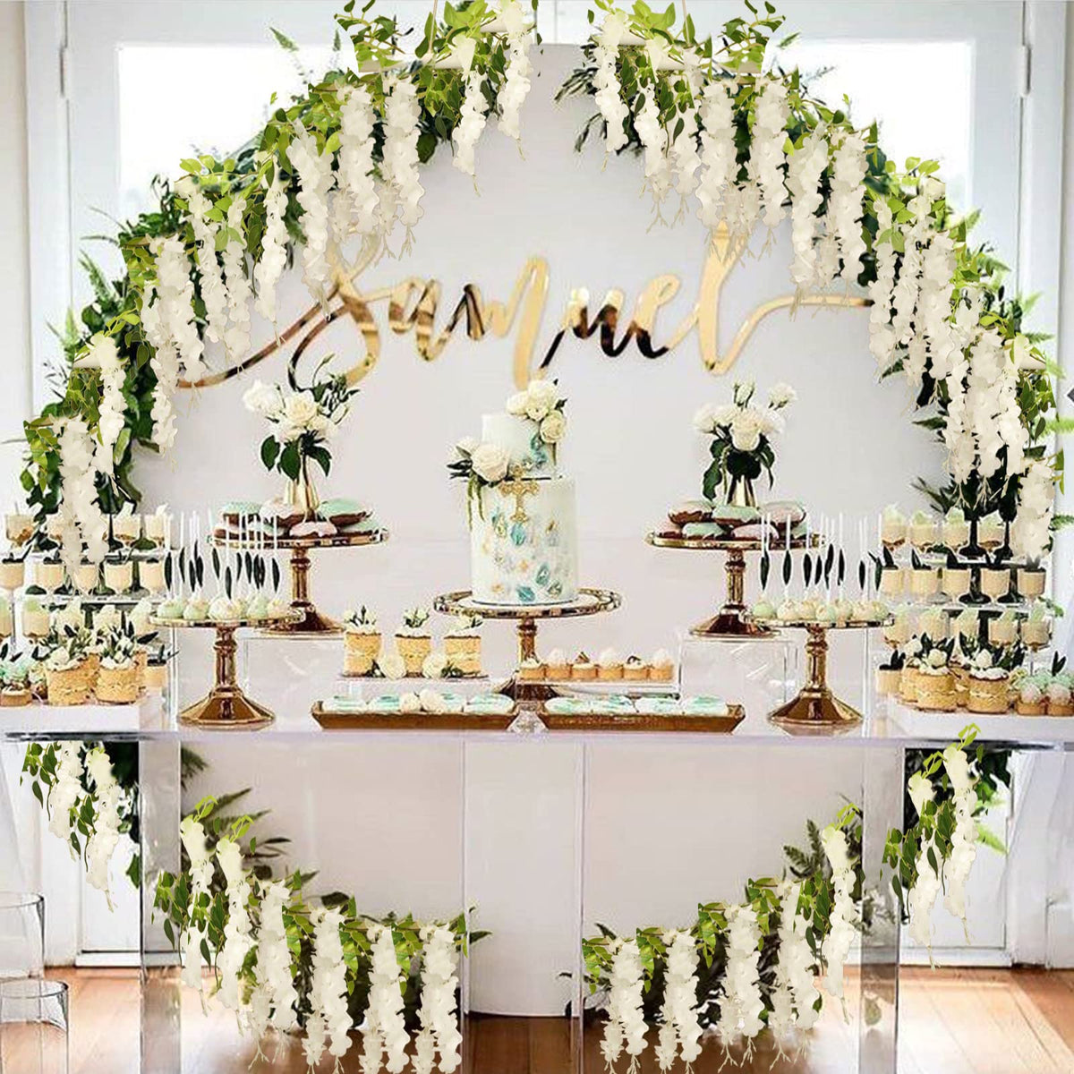 Apeair Wisteria garland on a wedding arch offering a romantic backdrop