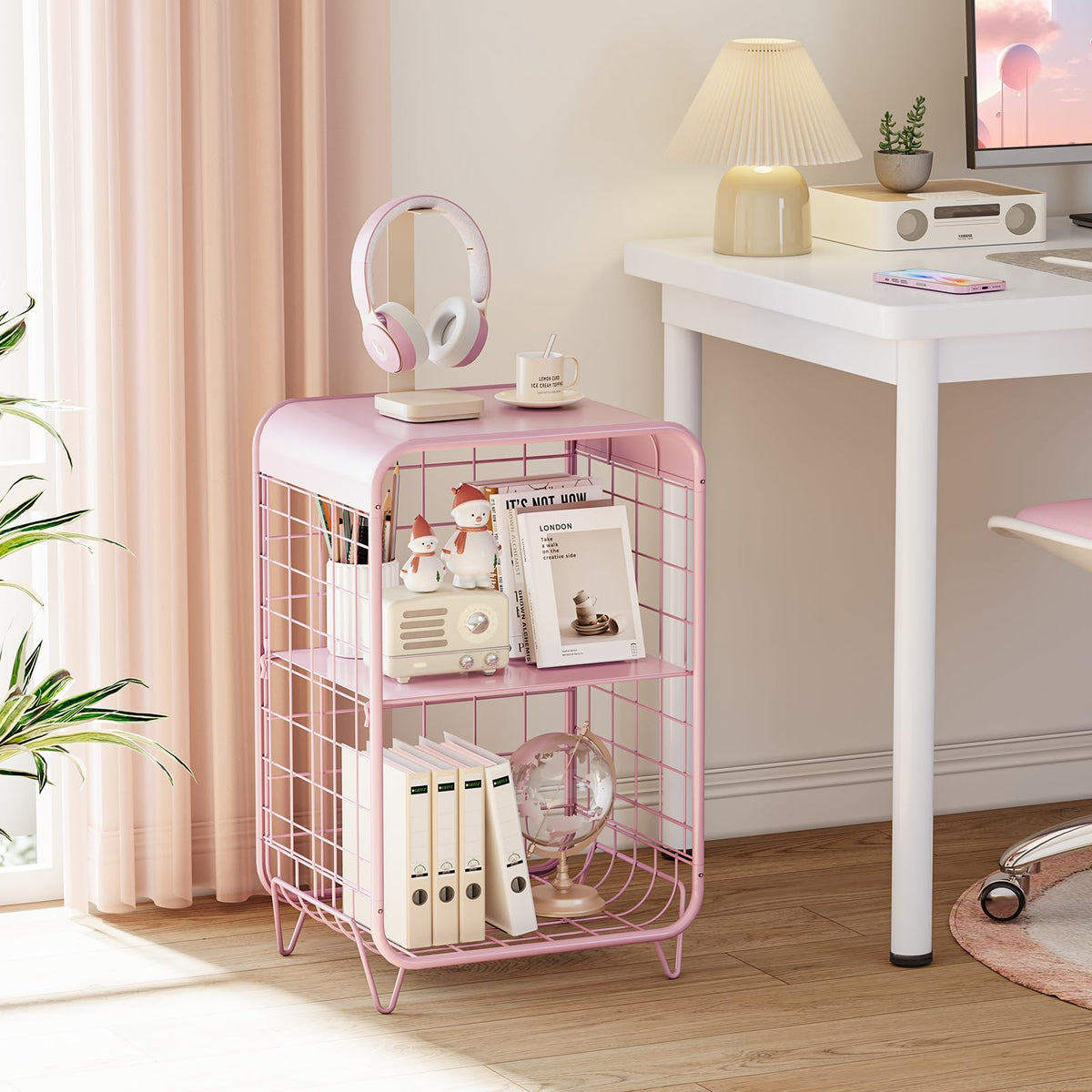 APEXCHASER pink nightstand showing adjustable middle shelf for flexible layout.