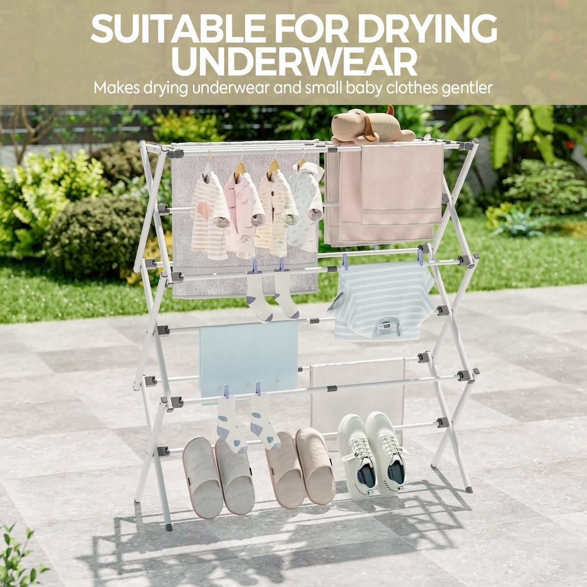APEXCHASER clothes drying on rack demonstrates energy-efficient air-drying option