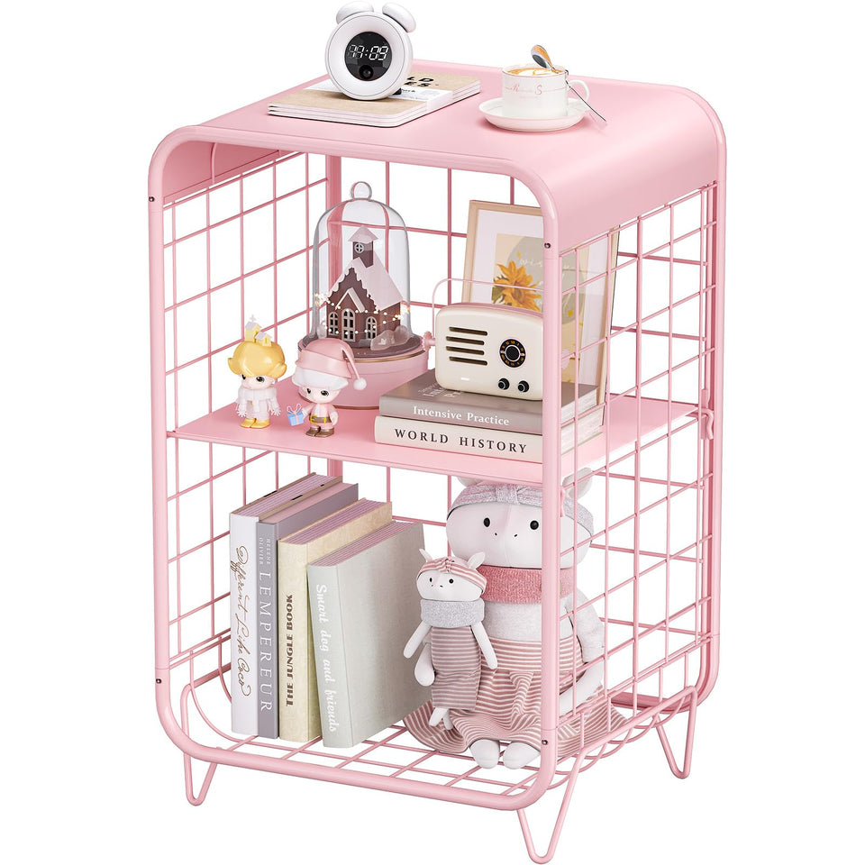 APEXCHASER pink nightstand with three-tier storage keeps small items organized.