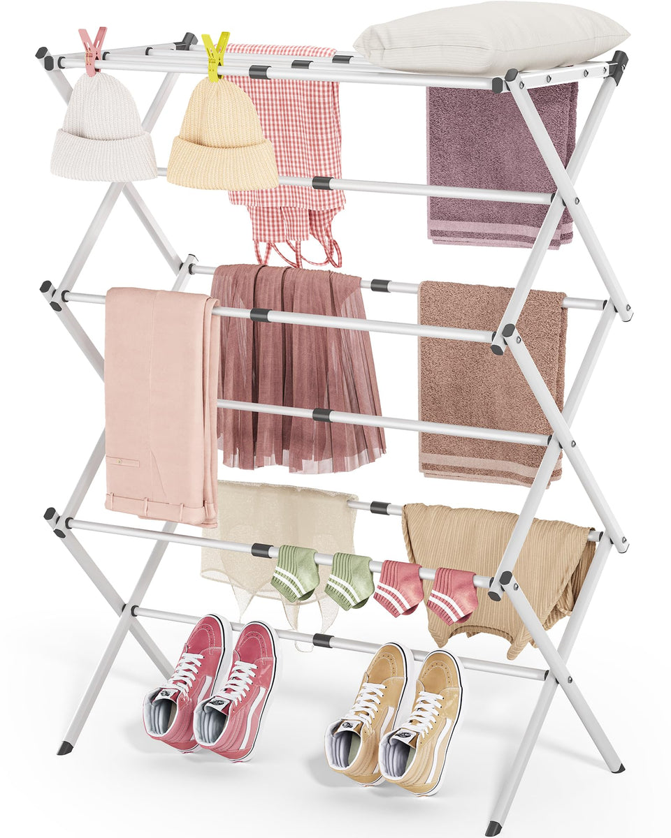 APEXCHASER 3-tier folding drying rack shown in compact form for small spaces.