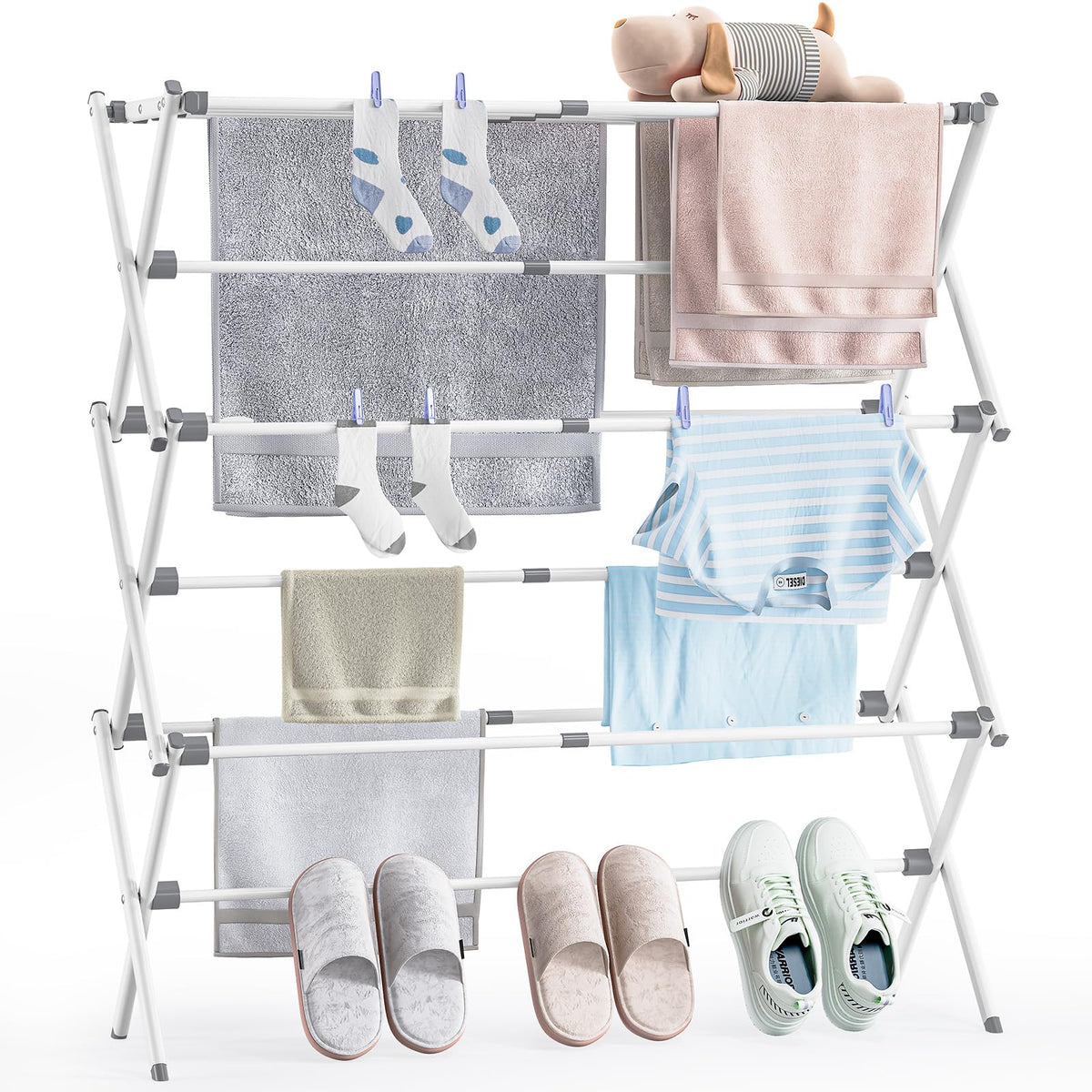 APEXCHASER drying rack fully extended showing adjustable width for versatile laundry drying