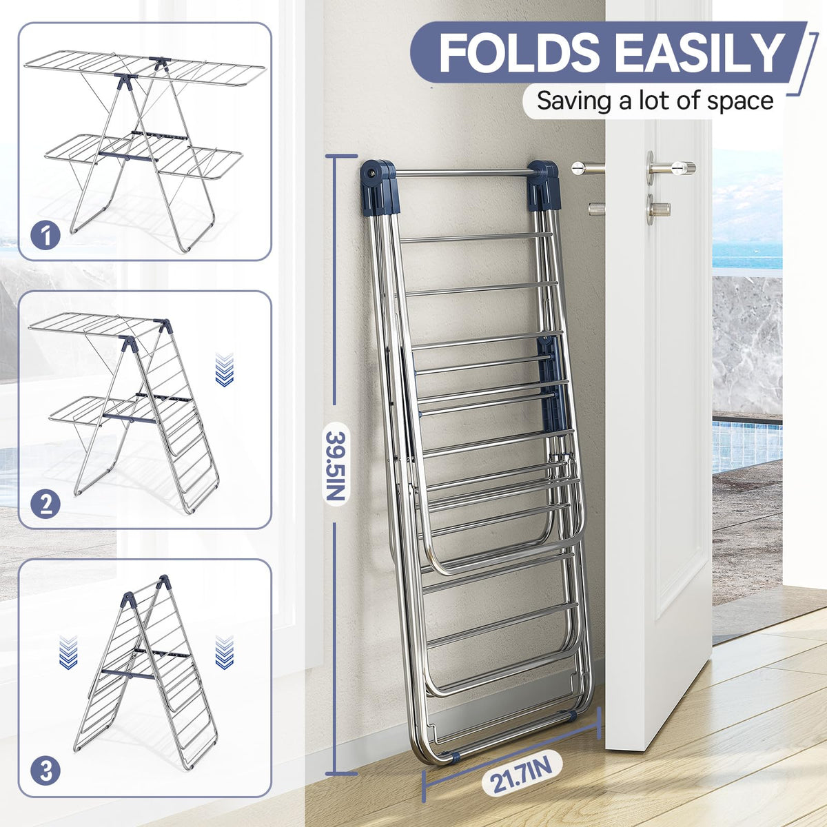 APEXCHASER foldable drying rack for compact storage after use.