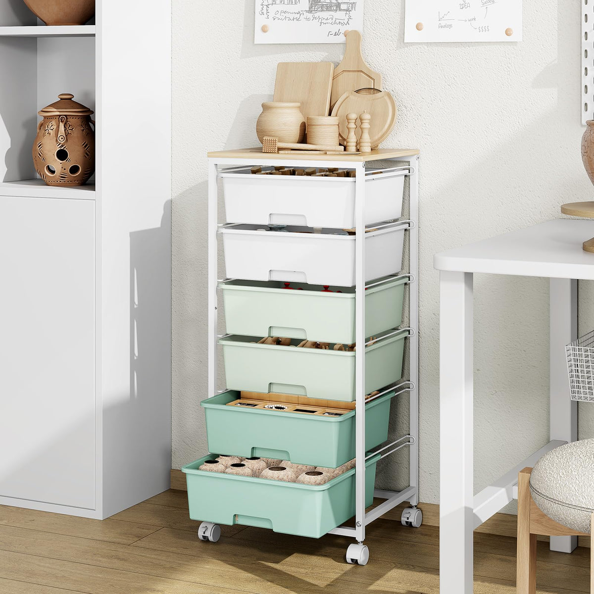 APEXCHASER green rolling cart complements home or studio spaces while storing essentials