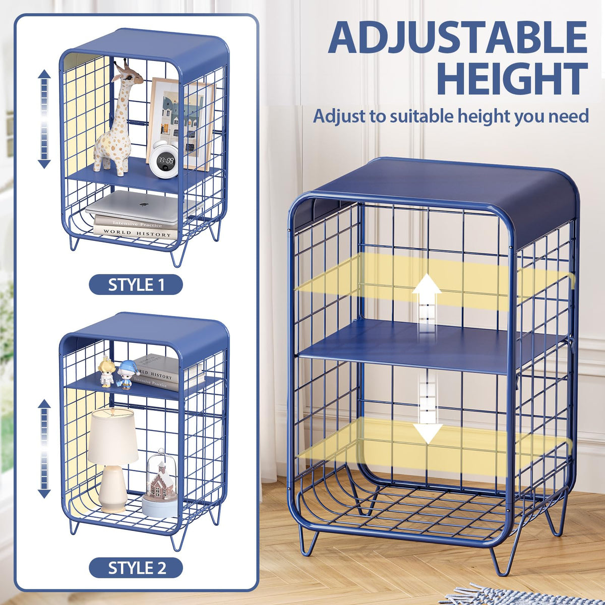 APEXCHASER navy blue nightstand side view; sturdy metal frame supports daily use.