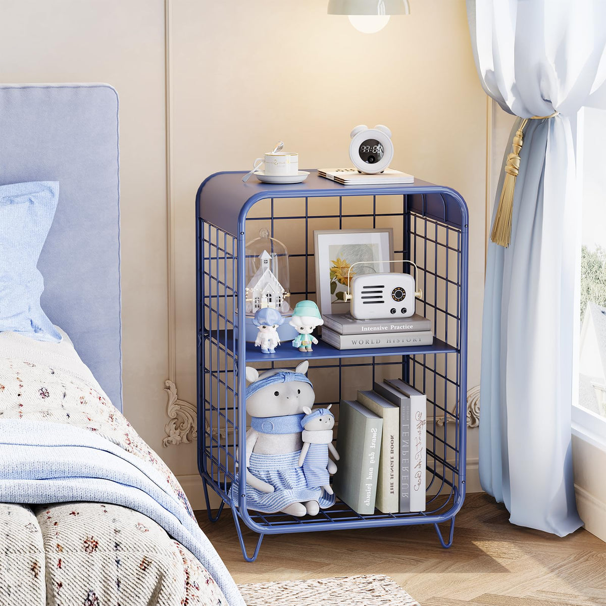 APEXCHASER navy blue nightstand with easy tool-free assembly for quick setup.
