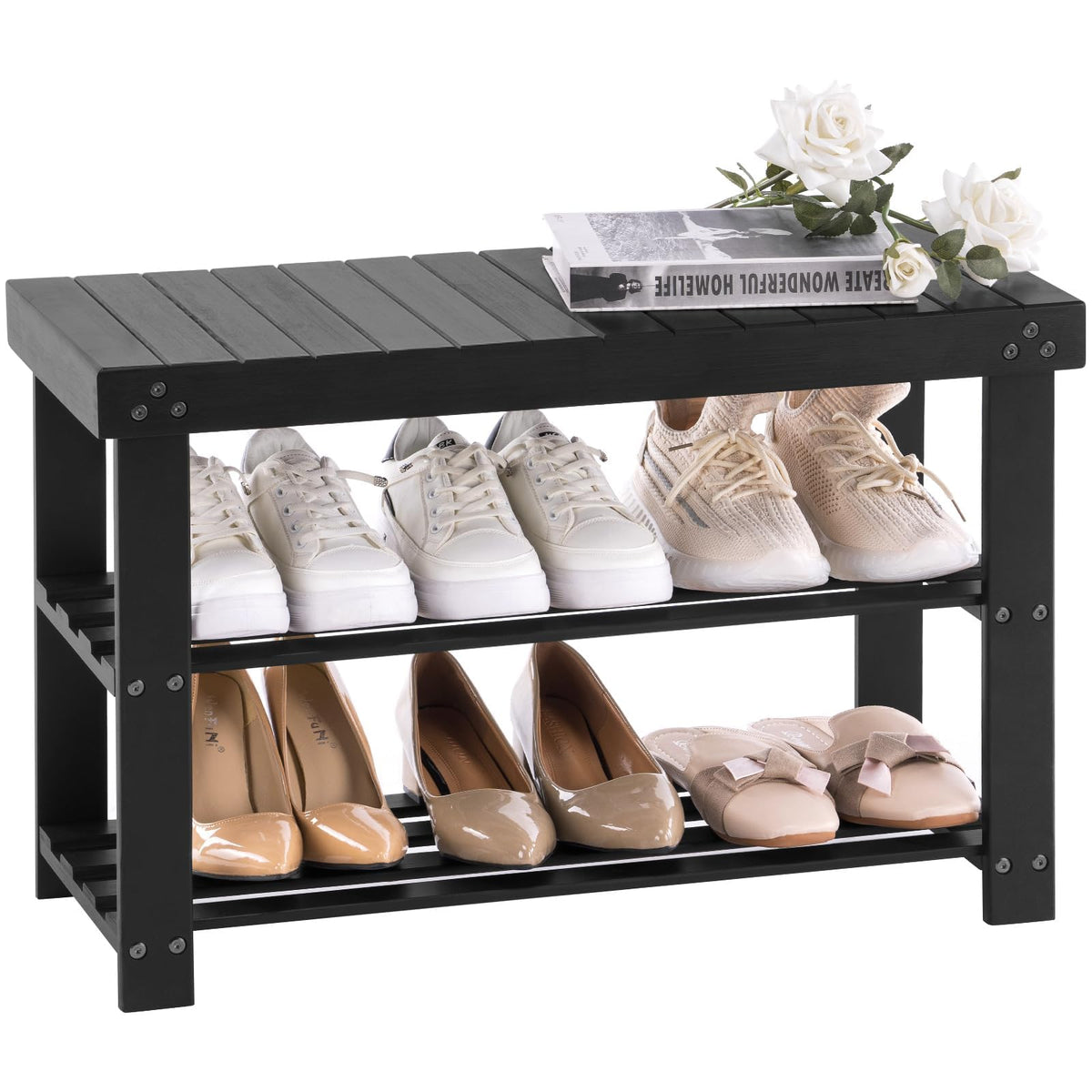 Apicizon Bamboo Shoe Rack 3-Tier front view showing organized entryway storage