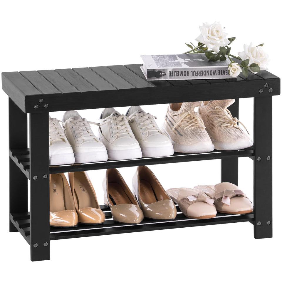Apicizon Bamboo Shoe Rack 3-Tier front view showing organized entryway storage