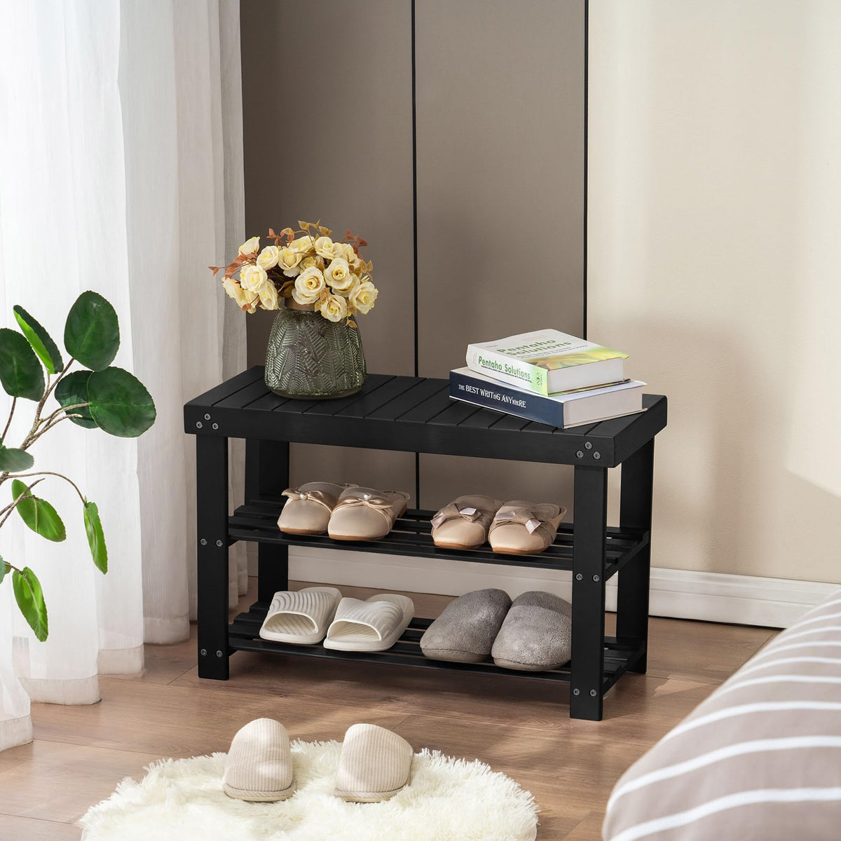 Apicizon Bamboo Shoe Rack multi-use setup suitable for entryway, bedroom, or living room