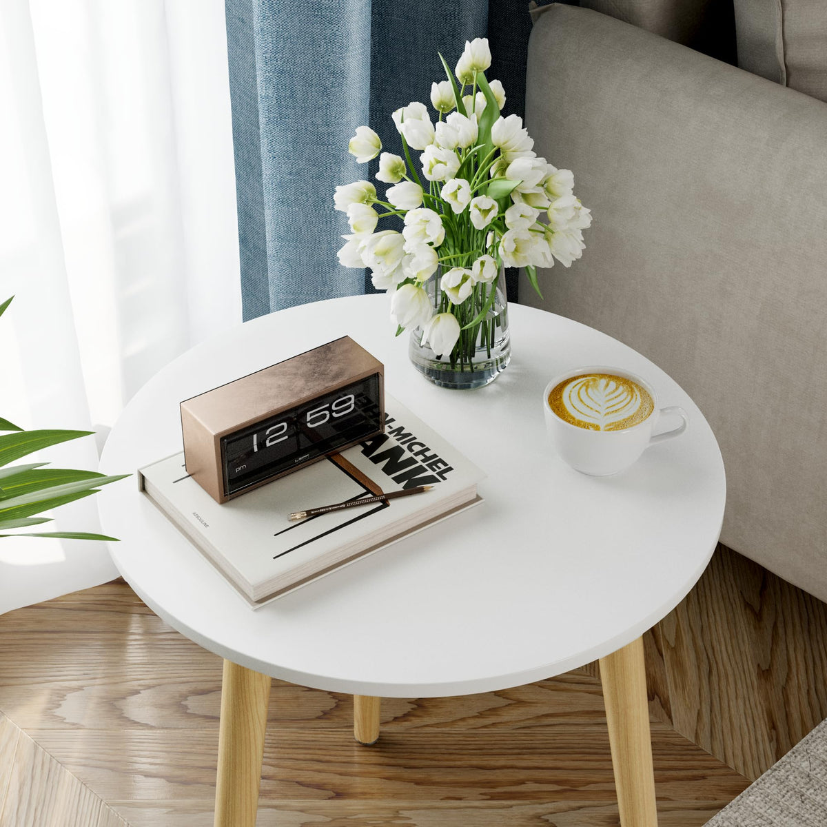 Apicizon round side table diameter 16.5 inches, compact for small spaces.