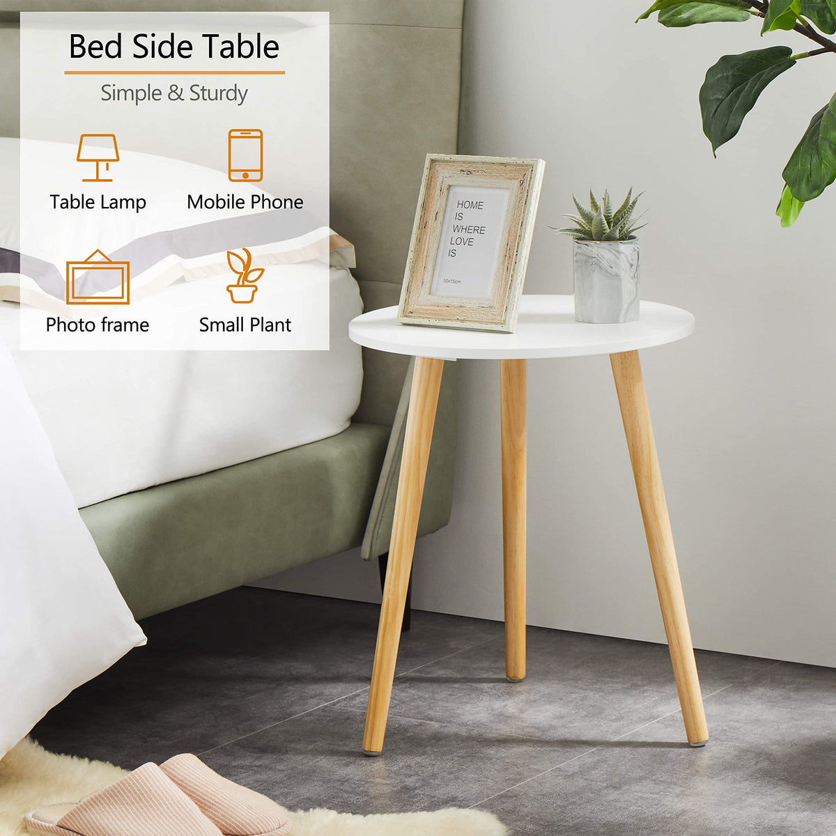 Apicizon round side table in living room, versatile for books and plants.