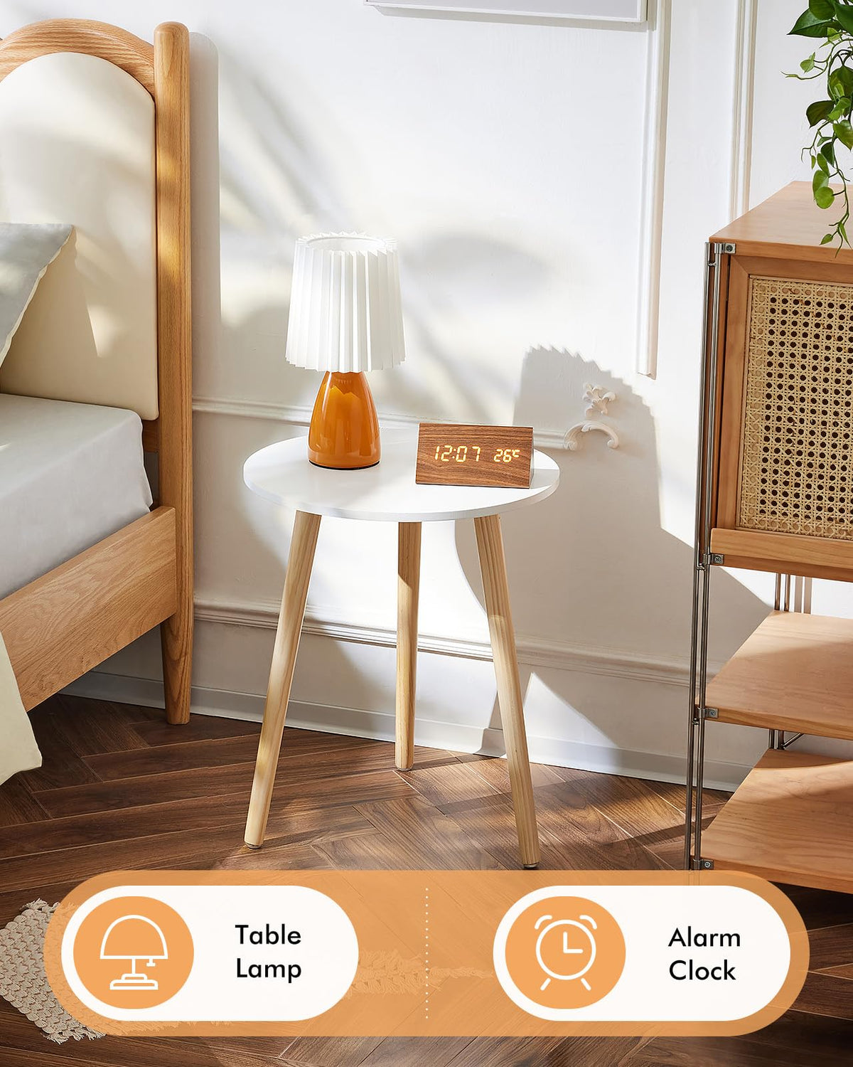 Apicizon round side table with wood legs, stable support for lamps.