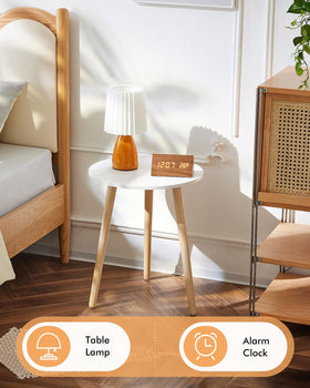 Apicizon round side table with wood legs, stable support for lamps.