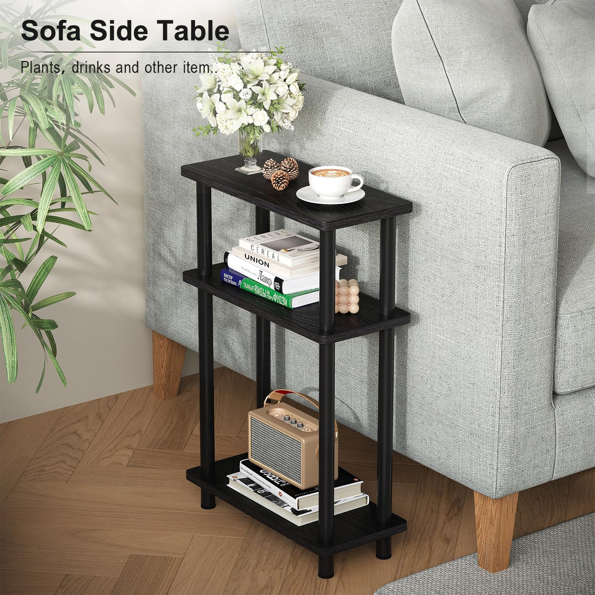 Apicizon side table beside sofa showing remote and magazine storage.