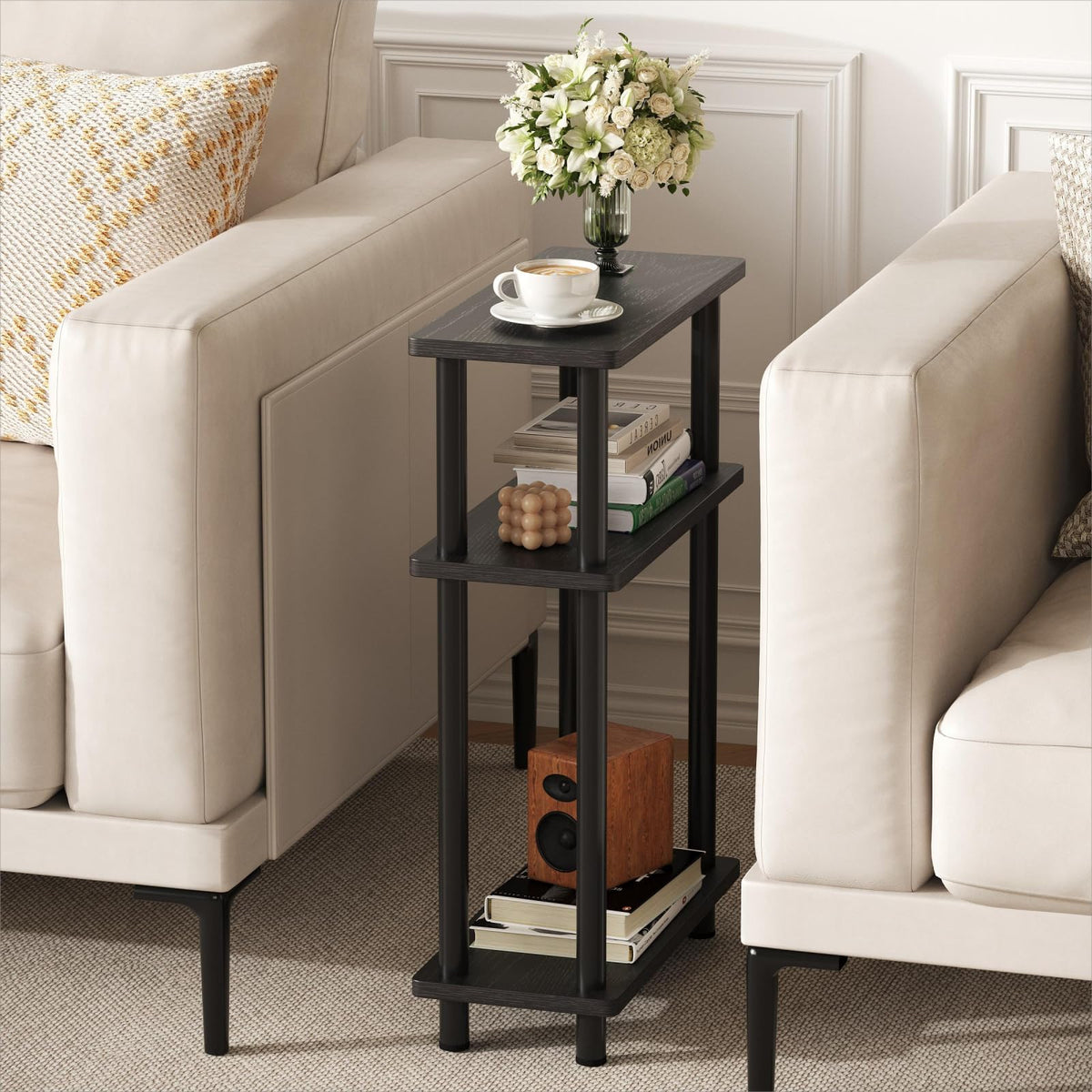Apicizon small narrow side table front view with 3-tier storage for compact spaces.