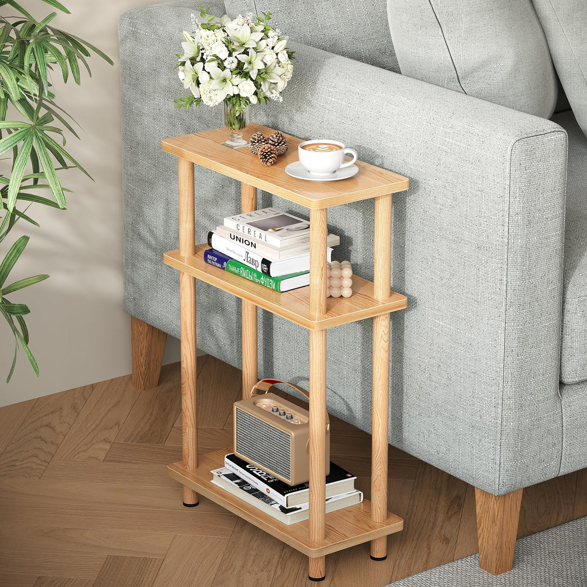 Apicizon small narrow side table top tier holds drinks and lamp with ease.