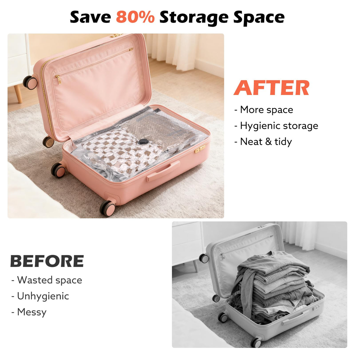 Apoaa home and travel packing solution that reduces bulk and clutter.
