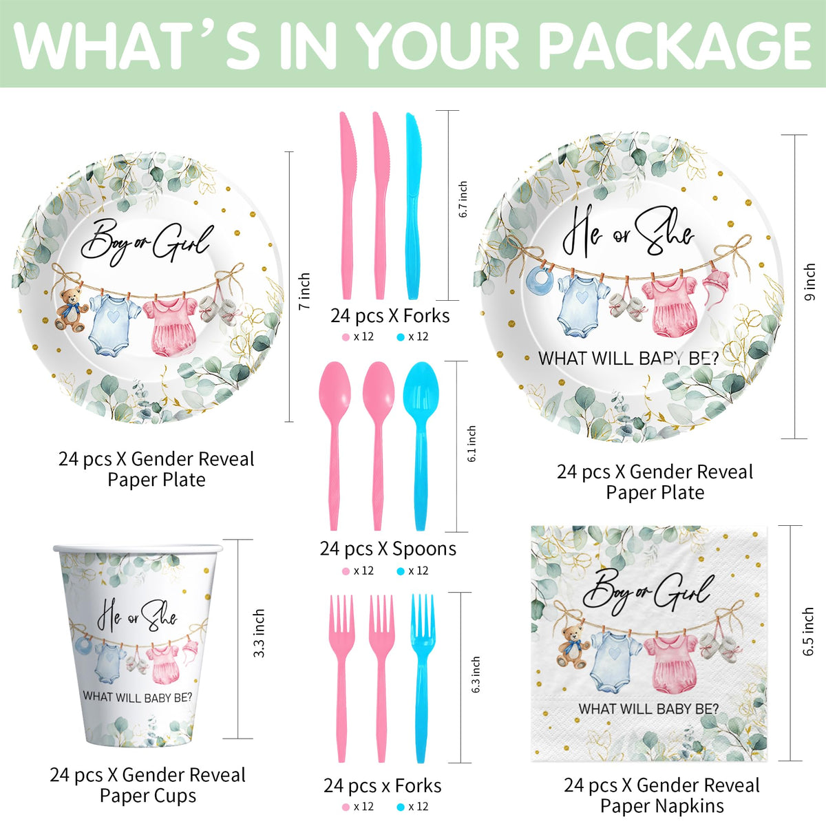 APOWBLS greenery gender reveal plates 7in ideal for desserts and snacks