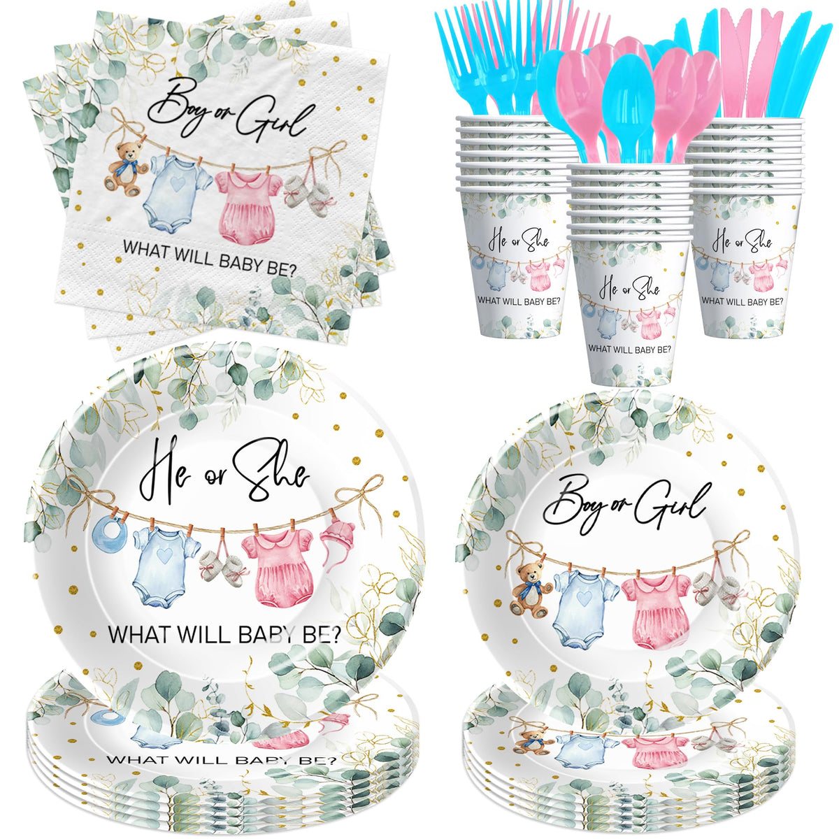 APOWBLS greenery gender reveal plates 9in durable partyware for meals