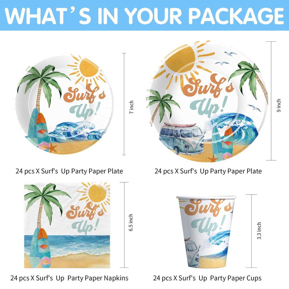 APOWBLS Surf's Up 7-inch dessert plates ideal for quick, kid-friendly surf party treats