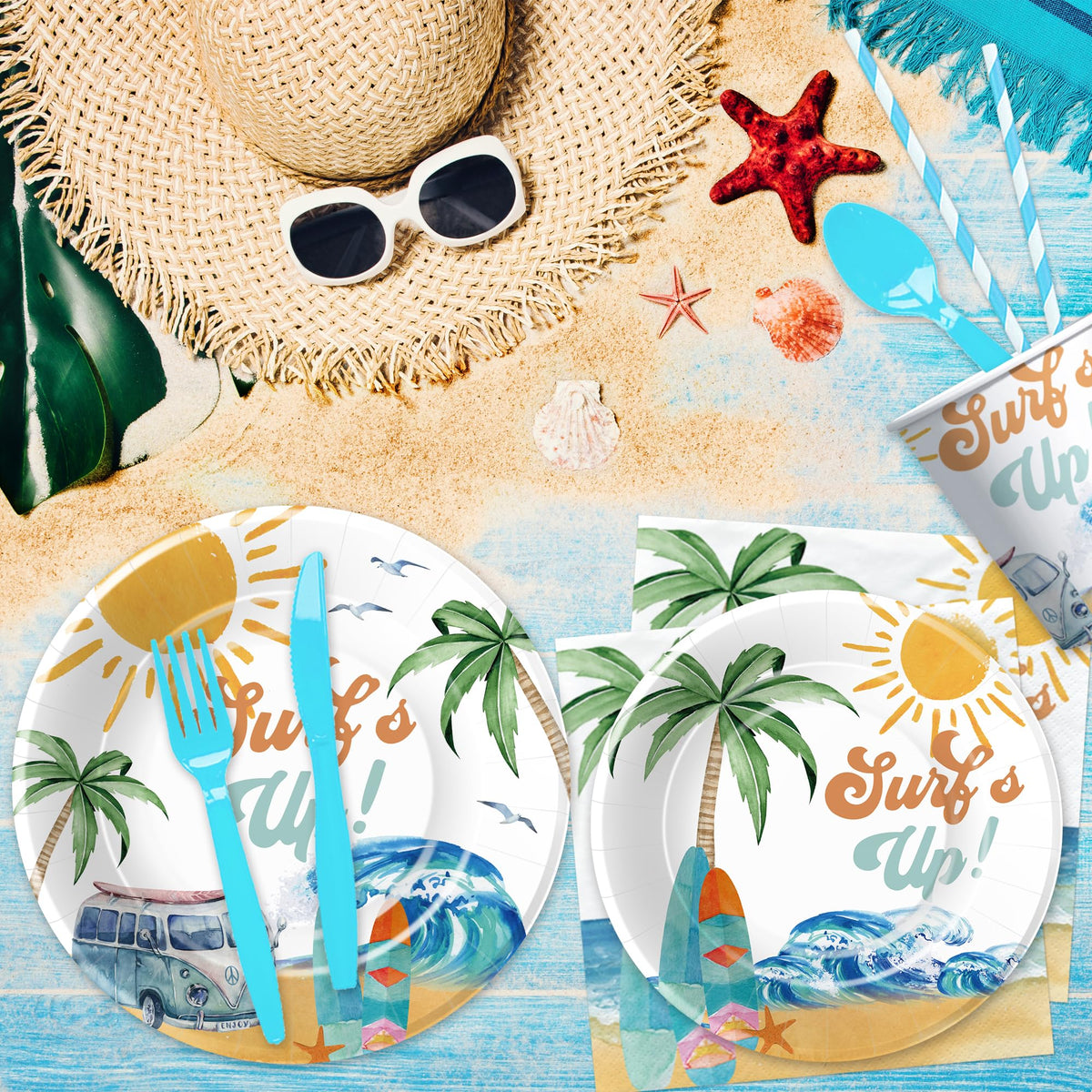 APOWBLS Surf's Up tablecloths protect surfaces during a lively Hawaiian beach party