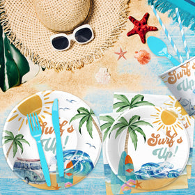 APOWBLS Surf's Up tablecloths protect surfaces during a lively Hawaiian beach party