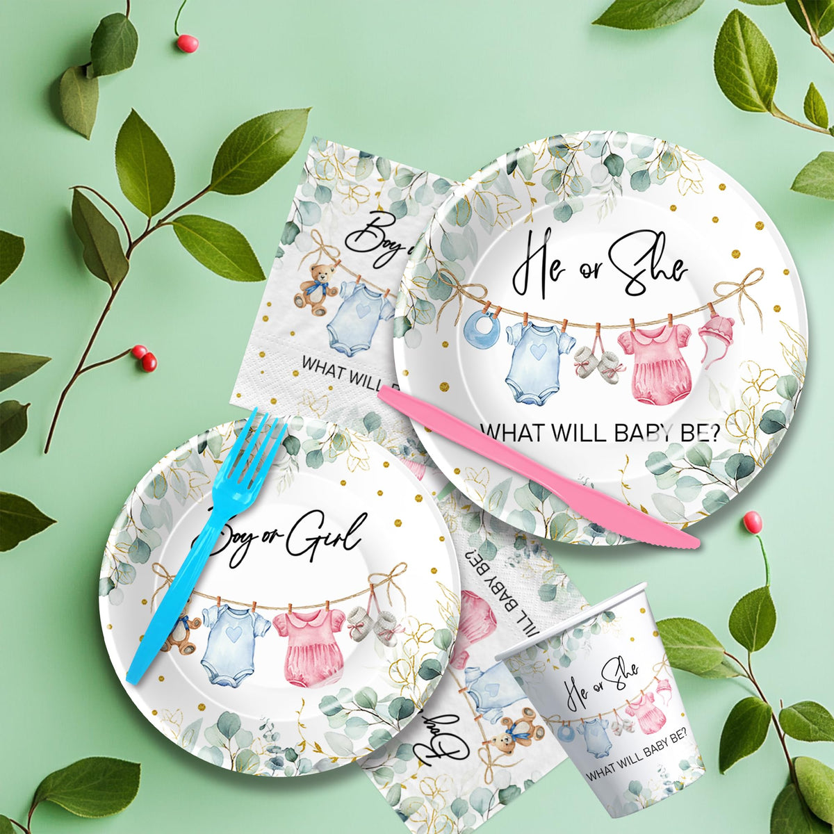 APOWBLS tableware set serving 24 with cohesive gender reveal decor