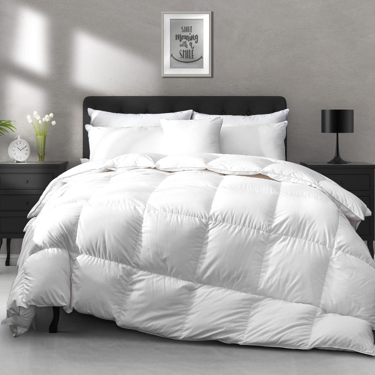 APSMILE luxury down fiber comforter full-queen ivory close-up packaging highlights all-season warmth.