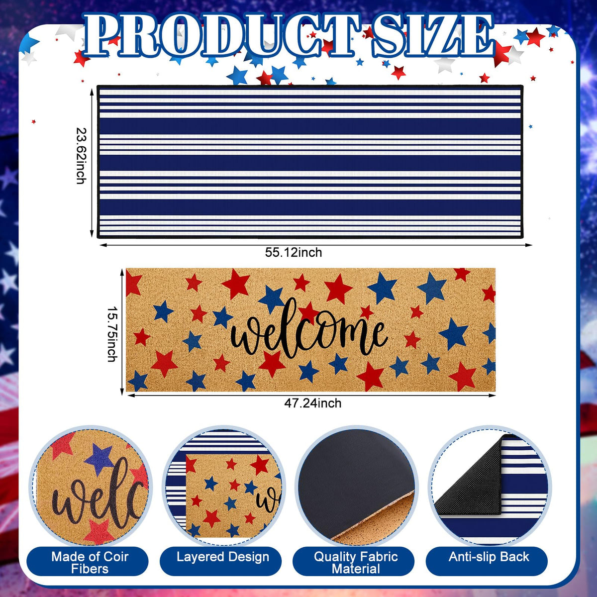 APUDWN blue-white stripe rug complements the star mat for a festive entry.